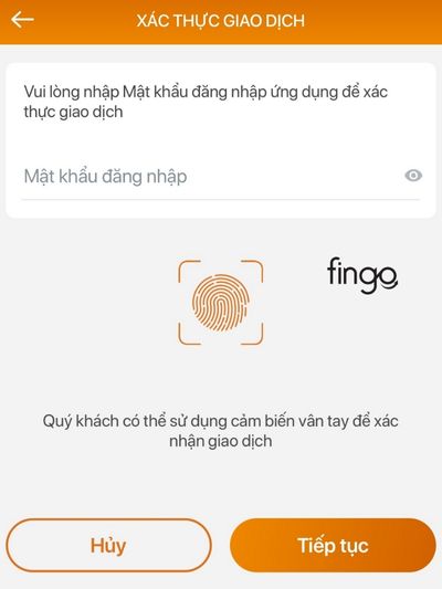 Xác nhận bằng vân tay hoặc nhập mã OTP để xác thực 
