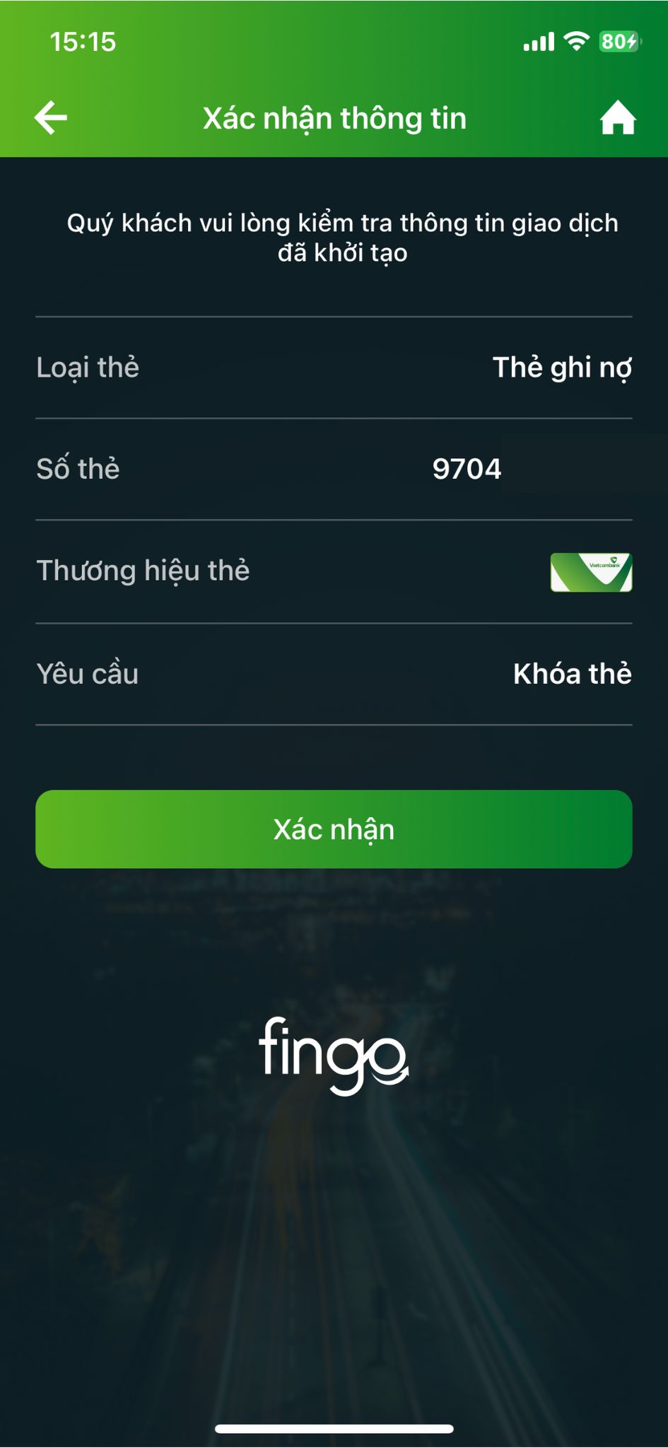 Cách khoá thẻ Vietcombank bằng Digibank bước 4