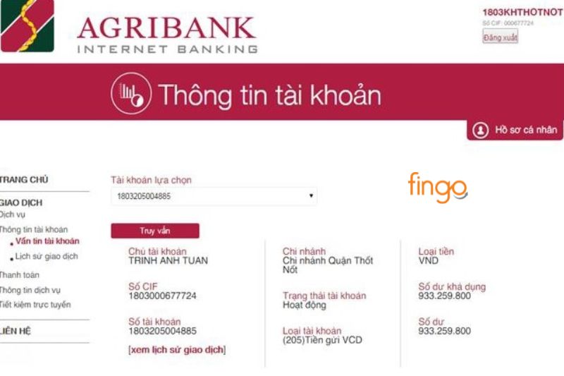 Lựa chọn vấn tin tài khoản để kiểm tra số tài khoản Agribank