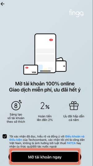 Nhấn chọn mở tài khoản Techcombank online