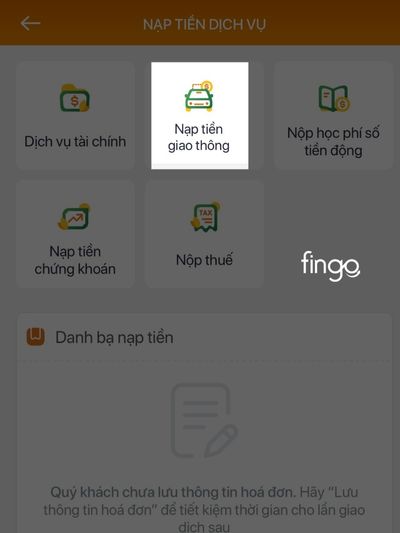 Chọn mục nạp tiền giao thông