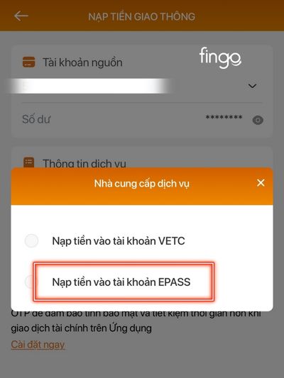 Chọn mục nạp tiền epass