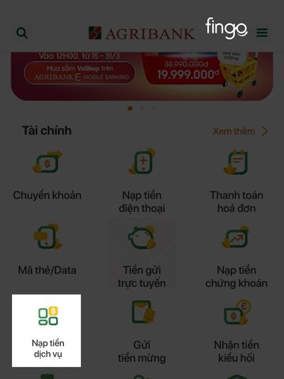 Lướt chọn mục nạp tiền dịch vụ 