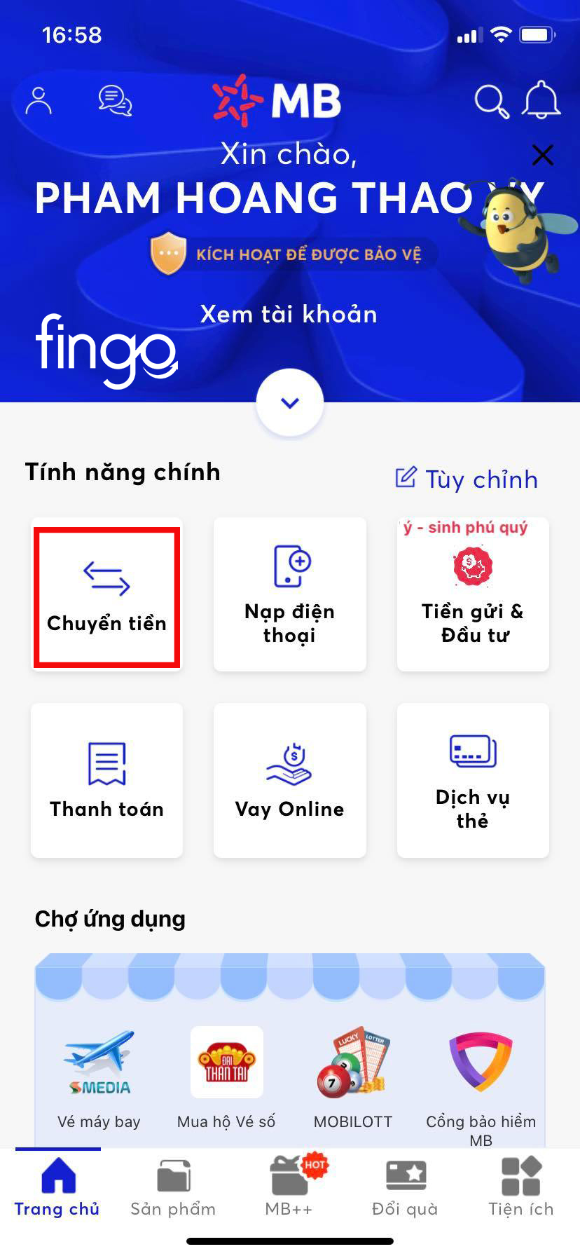 Chọn vào mục "Chuyển tiền"