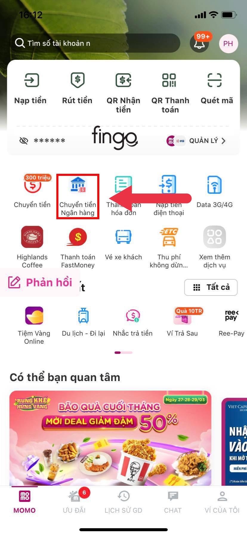 Chọn vào mục "Chuyển tiền ngân hàng"