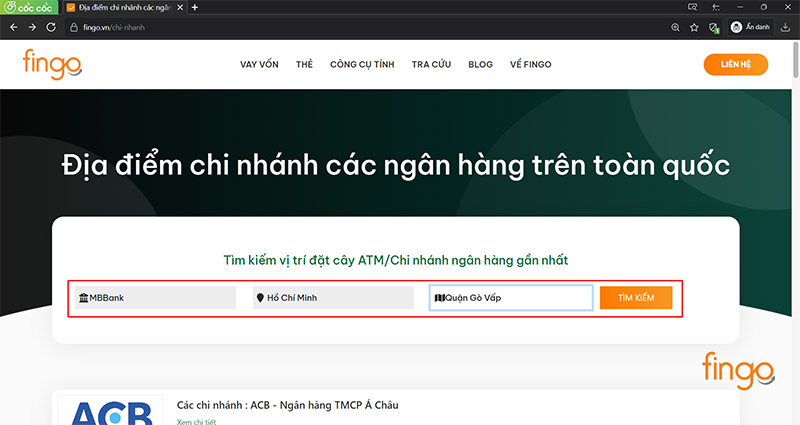 Chọn chi nhánh ngân hàng bạn muốn tra cứu số hotline