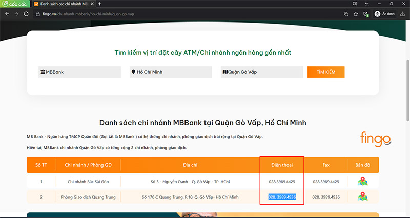 Danh sách các chi nhánh ngân hàng trong quận