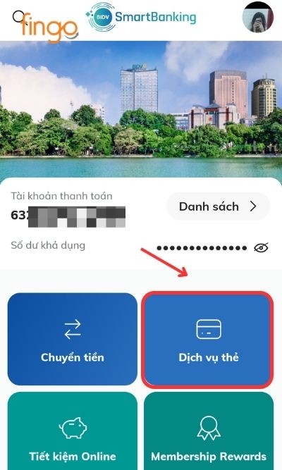 Chọn mục "Dịch vụ thẻ".