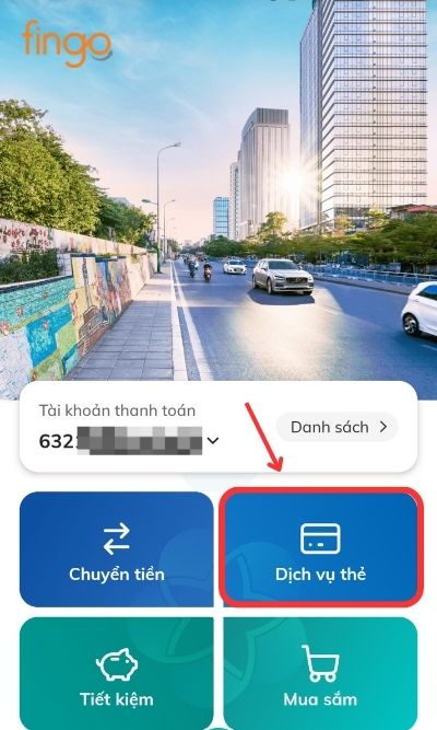 Đăng nhập ứng dụng. Chọn mục "Dịch vụ thẻ".
