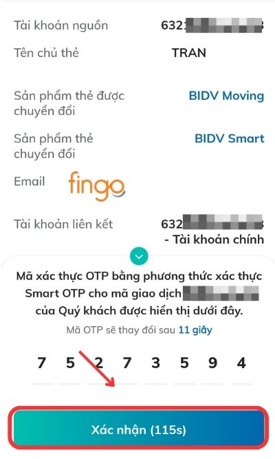 Điền mã OTP để hoàn tất việc chuyển đổi. 