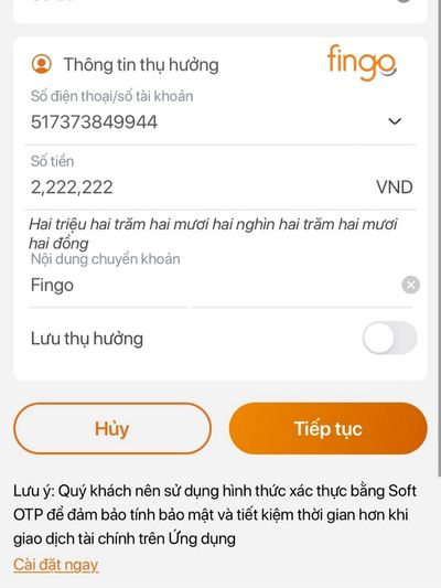 Nhập thông tin người nhận và số tiền trong tài khoản, nhấn tiếp tục để hoàn tất chuyển tiền