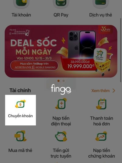 Kéo xuống dưới chọn chuyển khoản trên giao diện hệ thống
