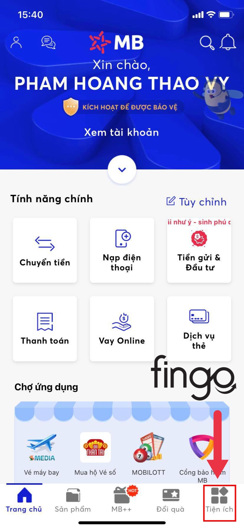 Chọn vào mục "Tiện ích"