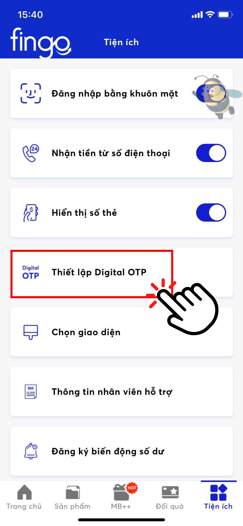 Chọn vào "Thiết lập Digital OTP MB Bank"