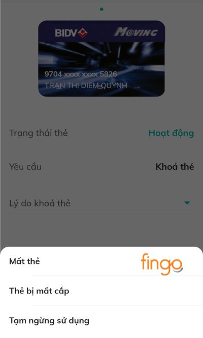 Chọn lí do khóa thẻ.