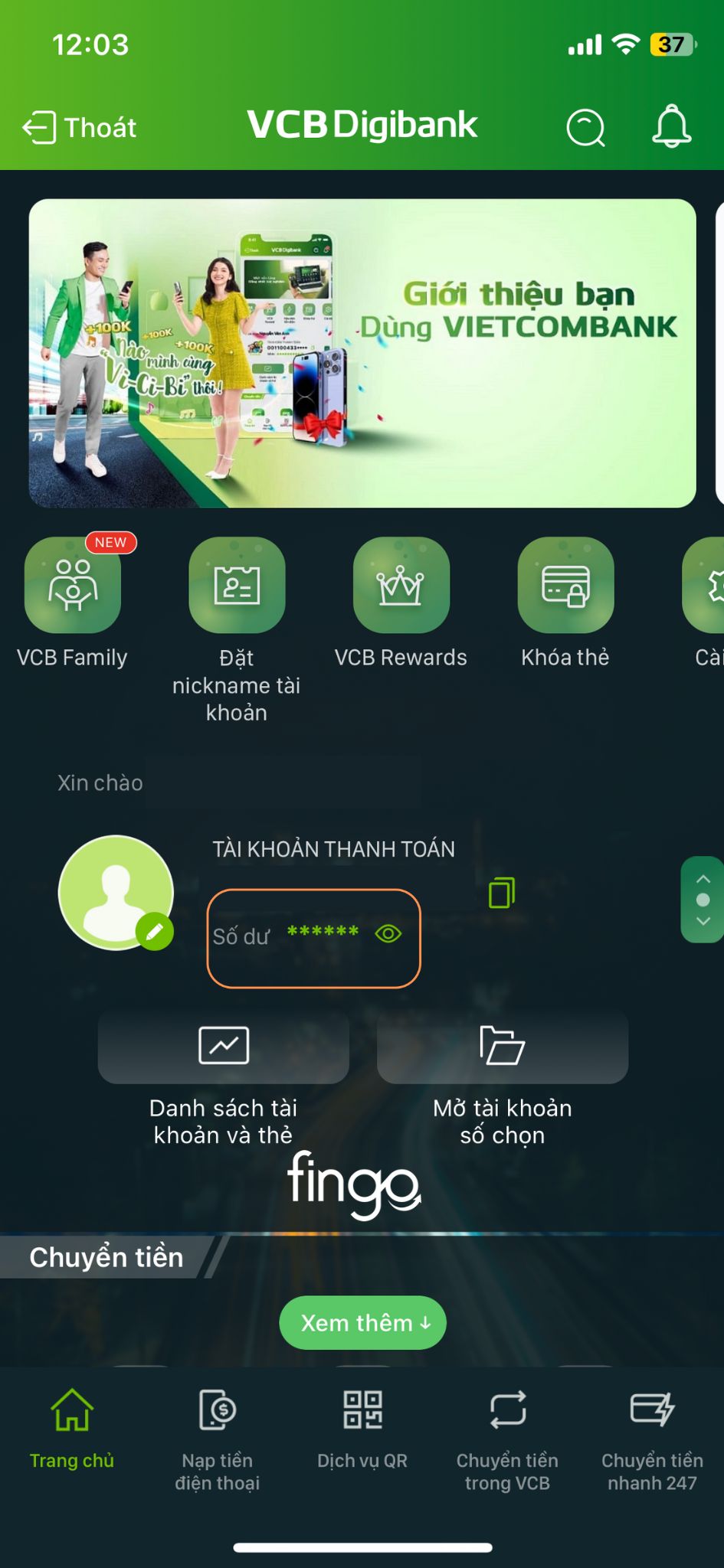 Kiểm tra số dư tài khoản Vietcombank VCB Digibank bước 1