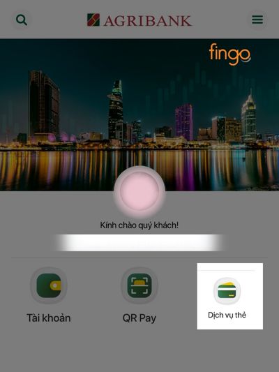 Sau khi đăng nhập, nhấn chọn "dịch vụ thẻ" để hệ thống hiển thị các dịch vụ 
