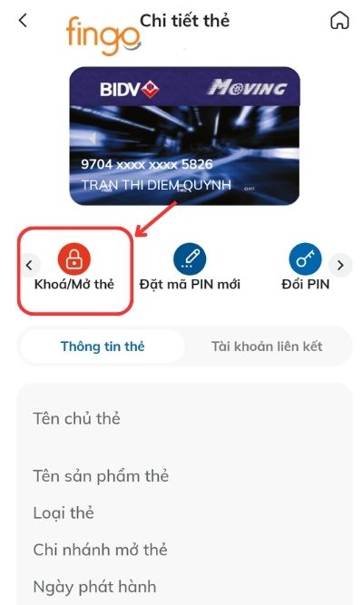 Đăng nhập ứng dụng SmartBanking BIDV. Chọn Khóa/Mở thẻ.
