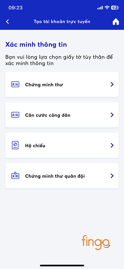 Chọn loại giấy tờ tùy thân để xác minh thông tin