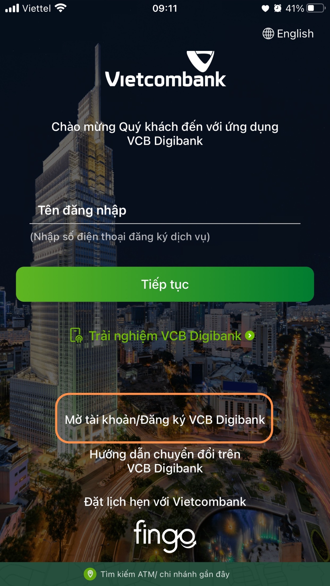 Mở tài khoản Vietcombank online bước 1