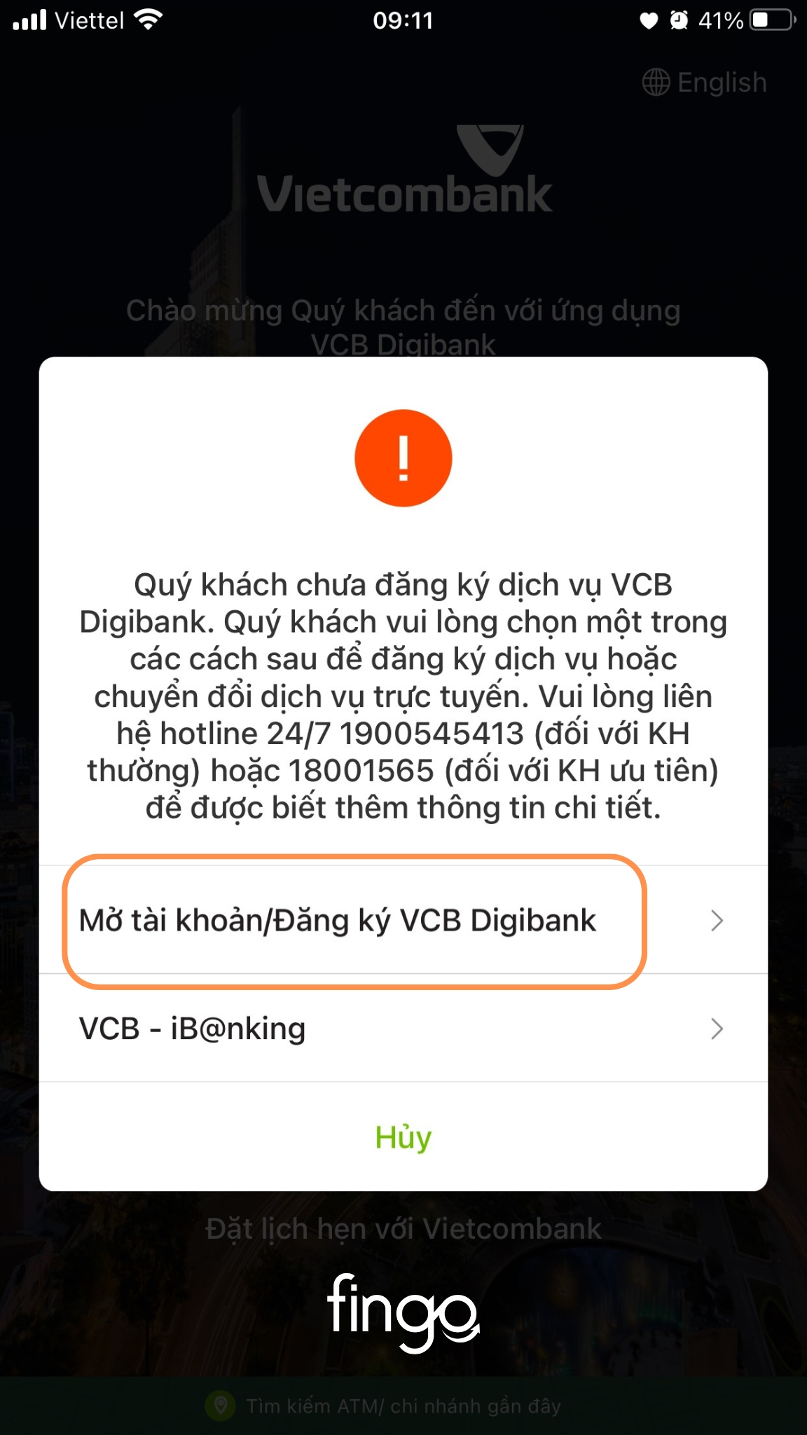 Chọn "Mở tài khoản/Đăng ký VCB Digibank".