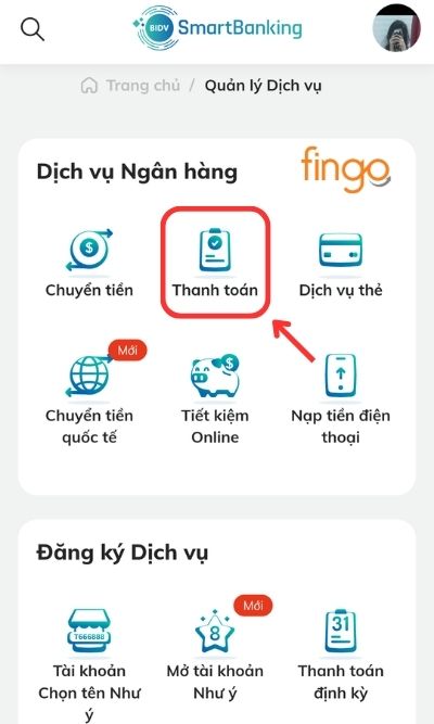 Chọn Thanh toán trong mục Dịch vụ Ngân hàng.