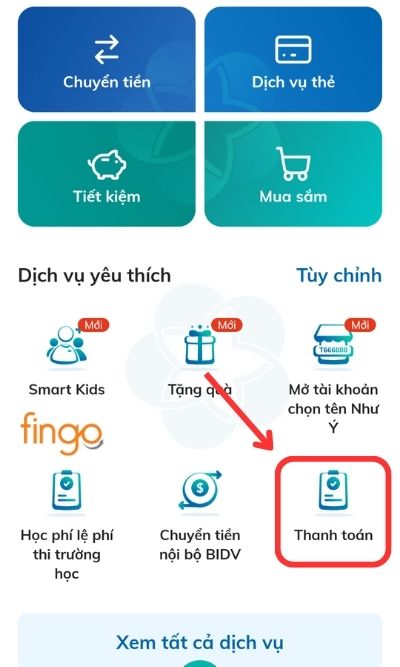 Chọn mục Thanh toán tại mục Dịch vụ.