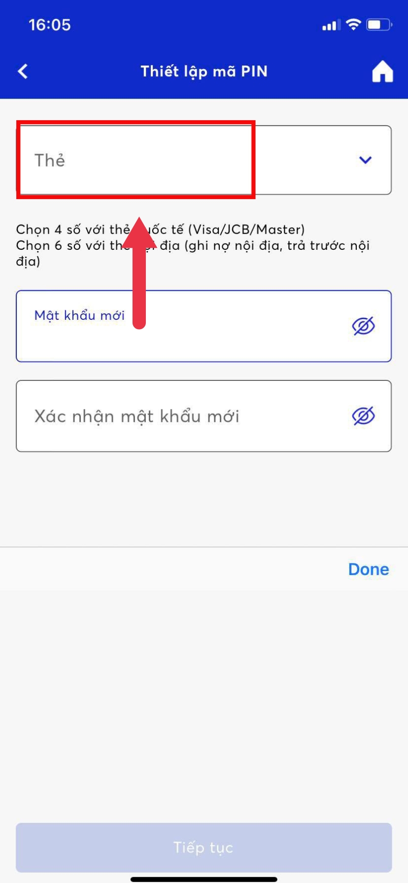 Chọn loại thẻ và thay đổi mã PIN