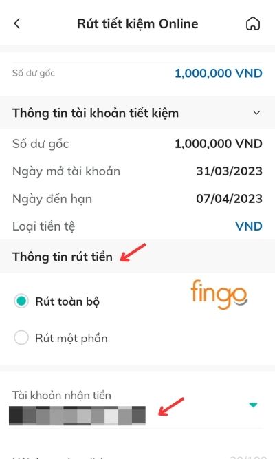 Màn hình hiển thị thông tin tài khoản tiết kiệm