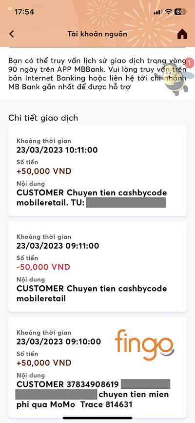 Bảng sao kê các giao dịch