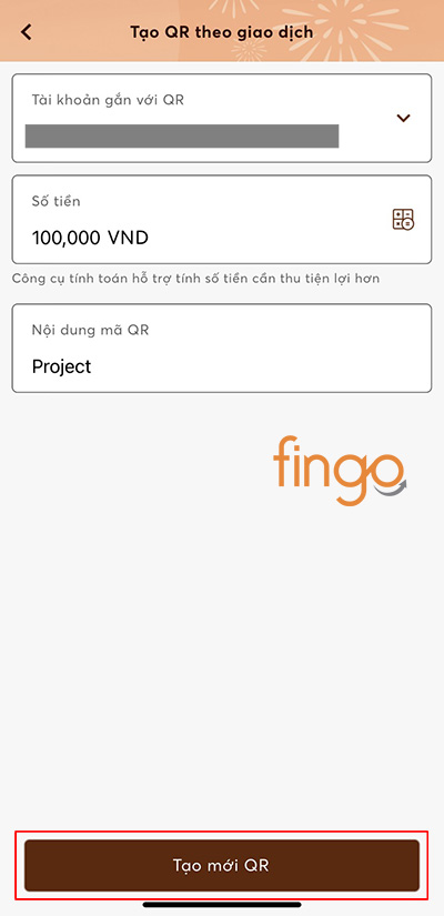 Chọn tài khoản nguồn nhân tiền, nhập số tiền và nội dung mã QR