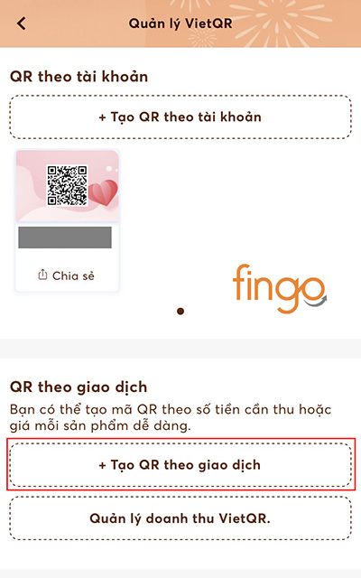 Chọn tính năng Tạo QR theo giao dịch