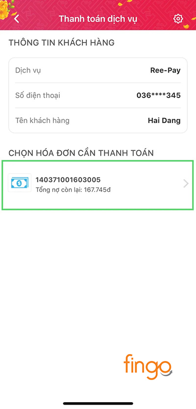 Chọn hóa đơn cần thanh toán