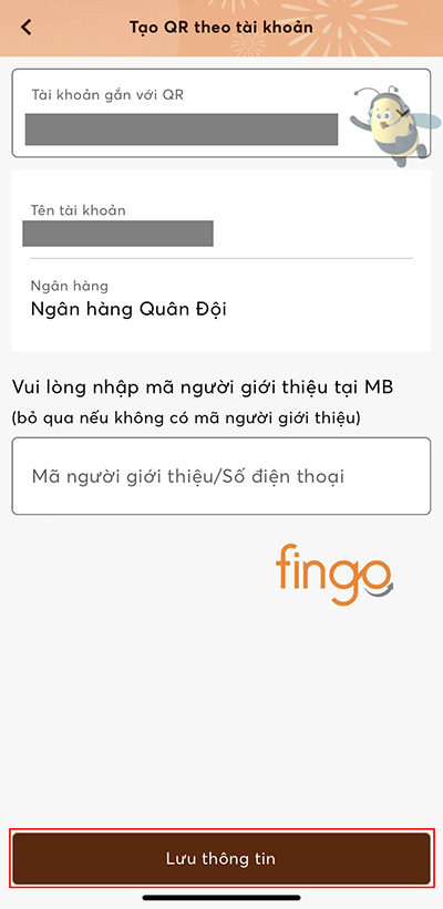 Chọn tài khoản nguồn nhận tiền và Lưu thông tin