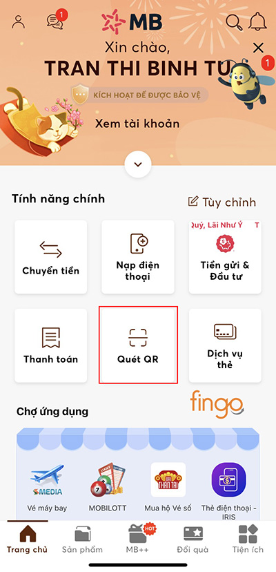 Chọn tính năng quét mã QR