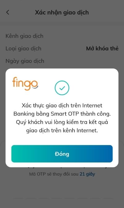 Thông báo mở khóa thẻ BIDV thành công trên cả ứng dụng và trên trang website. 