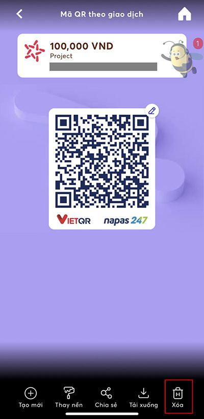 Nhấn vào biểu tượng thùng rác để xóa mã QR