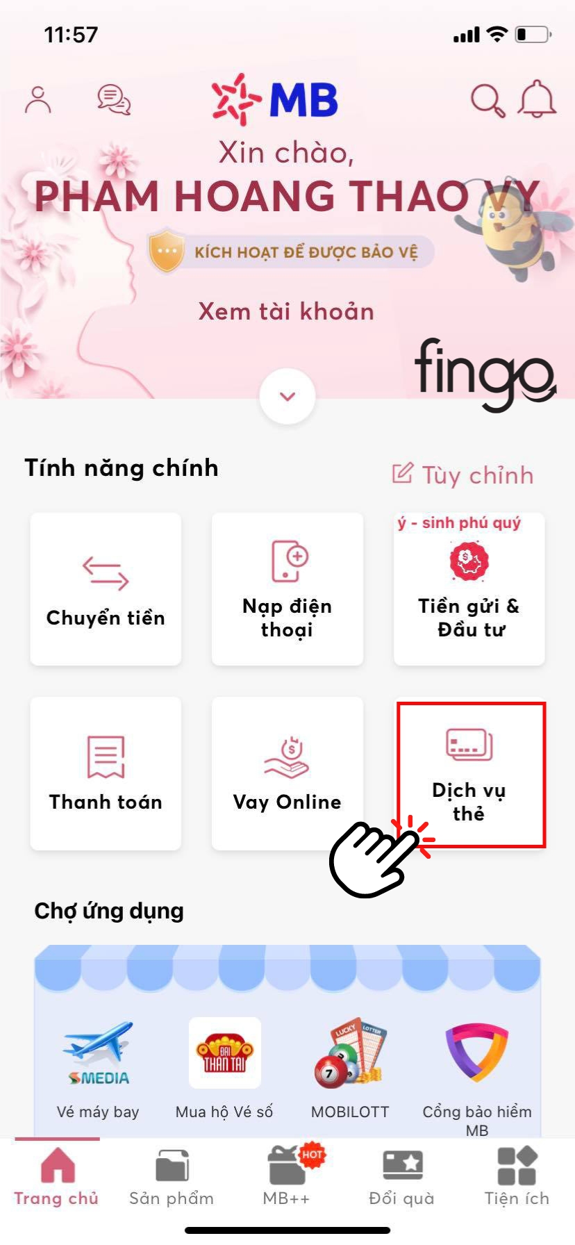 Chọn vào mục "Dịch vụ thẻ".