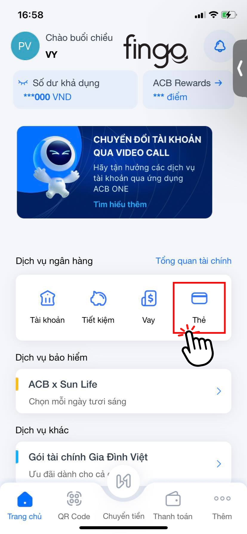 Chọn vào mục "Thẻ"