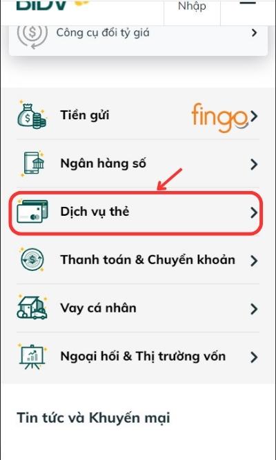 Chọn mục Dịch vụ thẻ