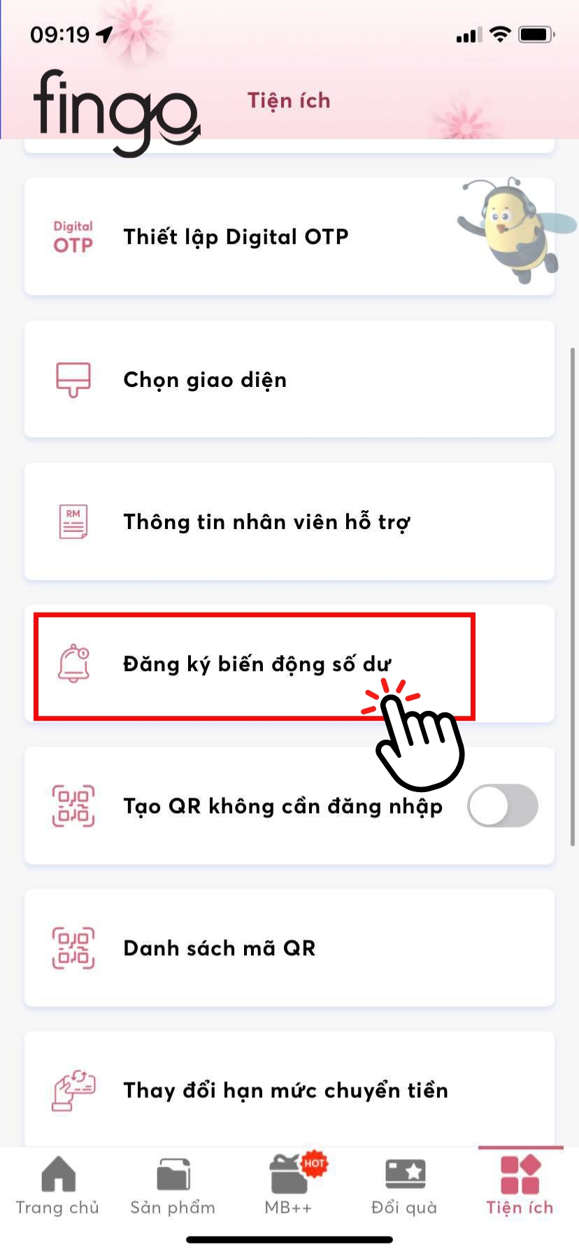 Chọn vào "Đăng ký biến động số dư"