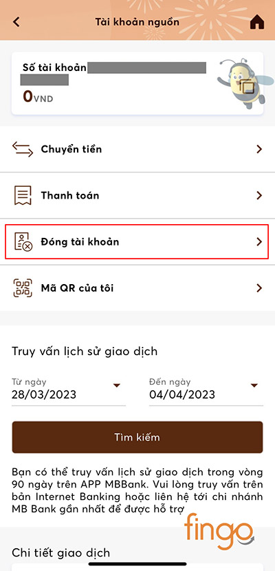 Chọn Đóng tài khoản