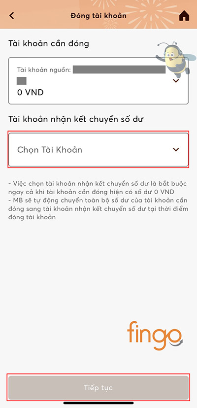 Chọn tài khoản nhận kết chuyển số dư và bấm Tiếp tục