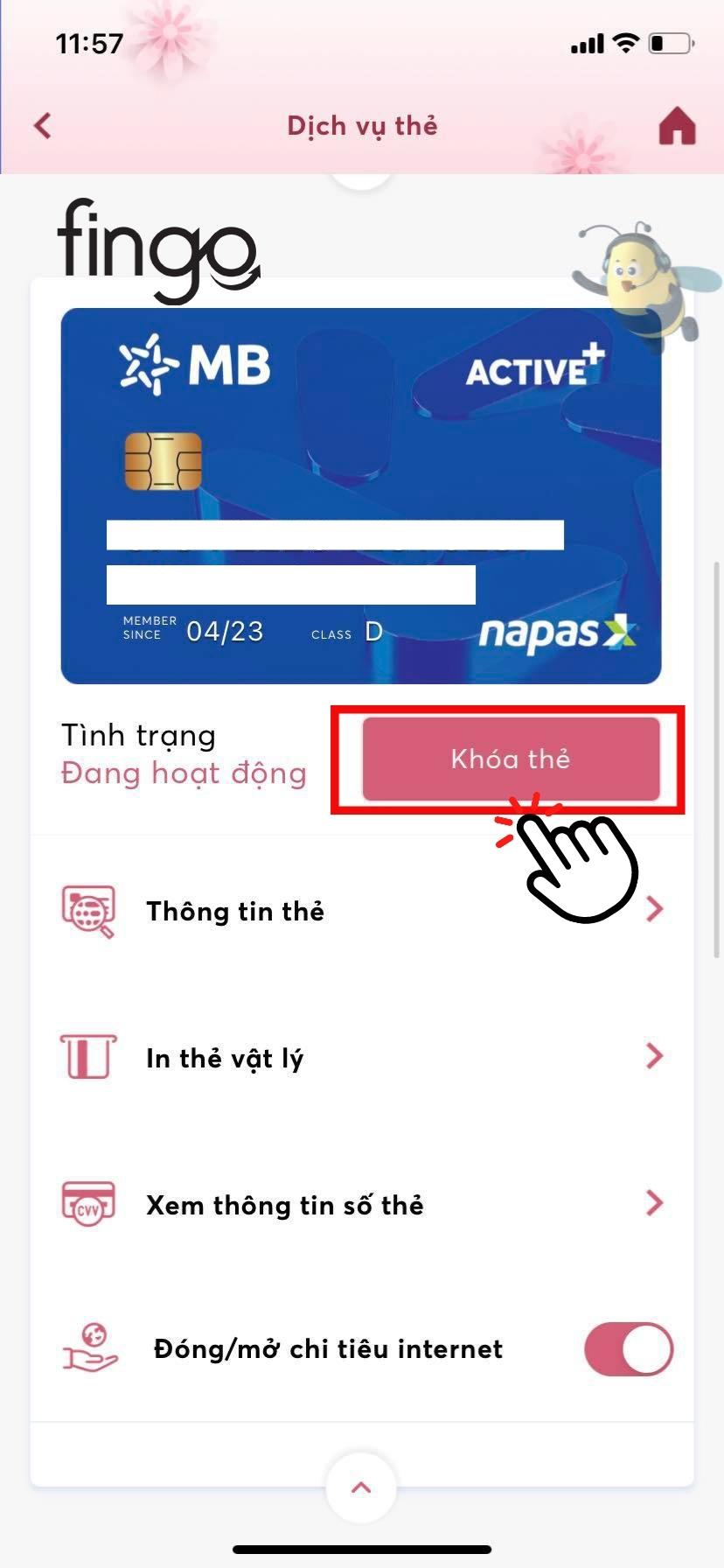 Chọn vào "Khóa thẻ"