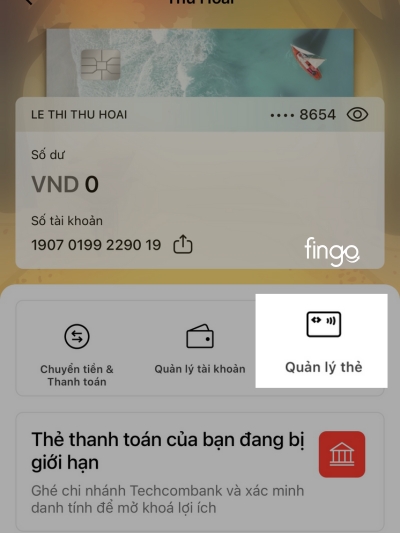 Chọn mục quản lý thẻ