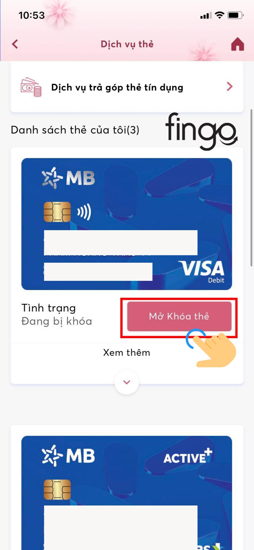 Chọn vào mục "Mở khóa thẻ"
