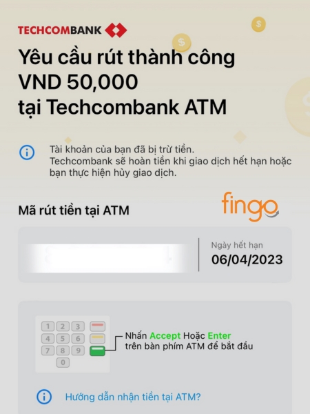 Nhập mã rút tiền Techcombank đã rút để nhận tiền