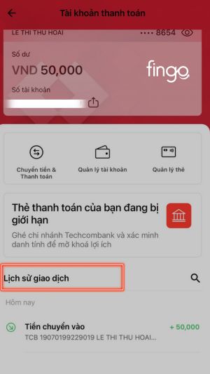 Chọn lịch sử giao dịch để sao kê tài khoản