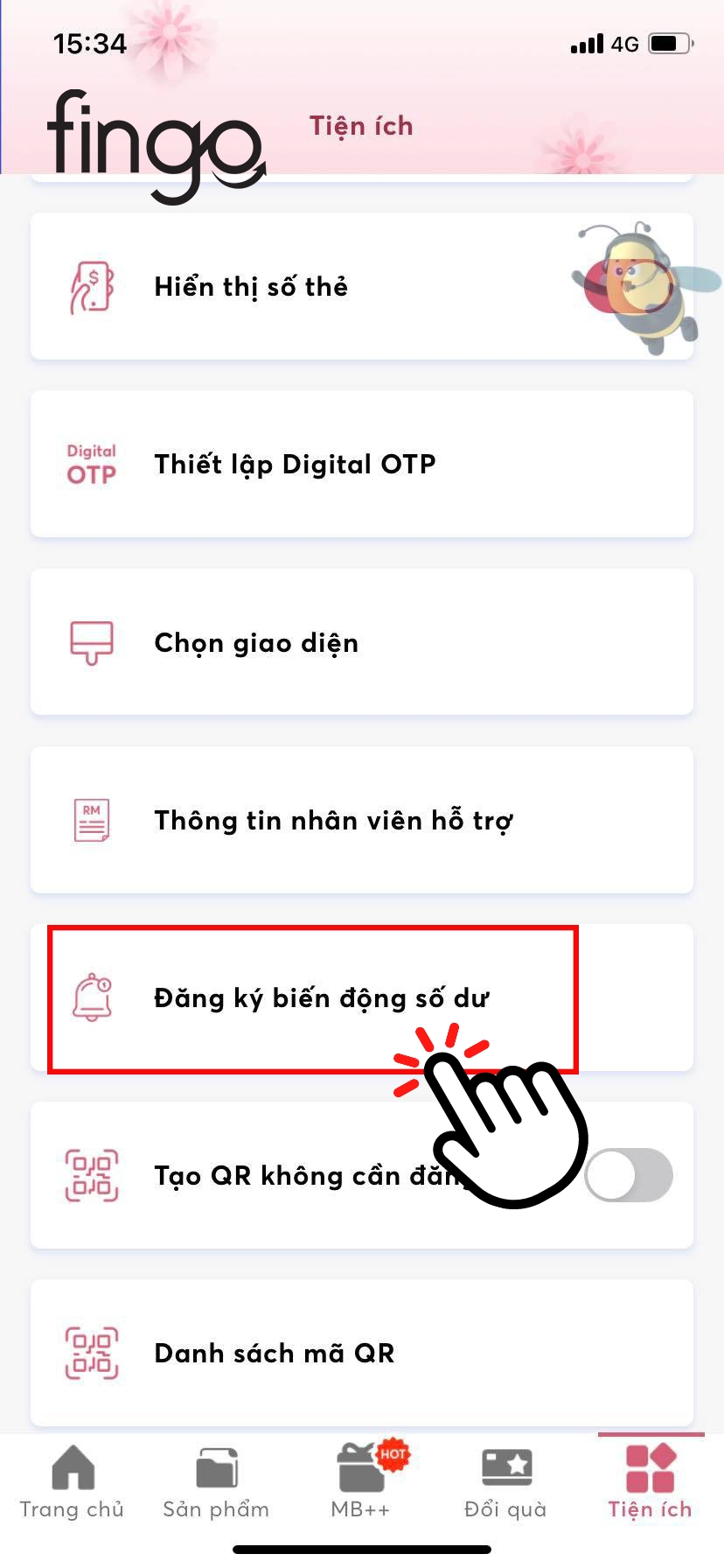 Chọn vào "Đăng ký biến động số dư"