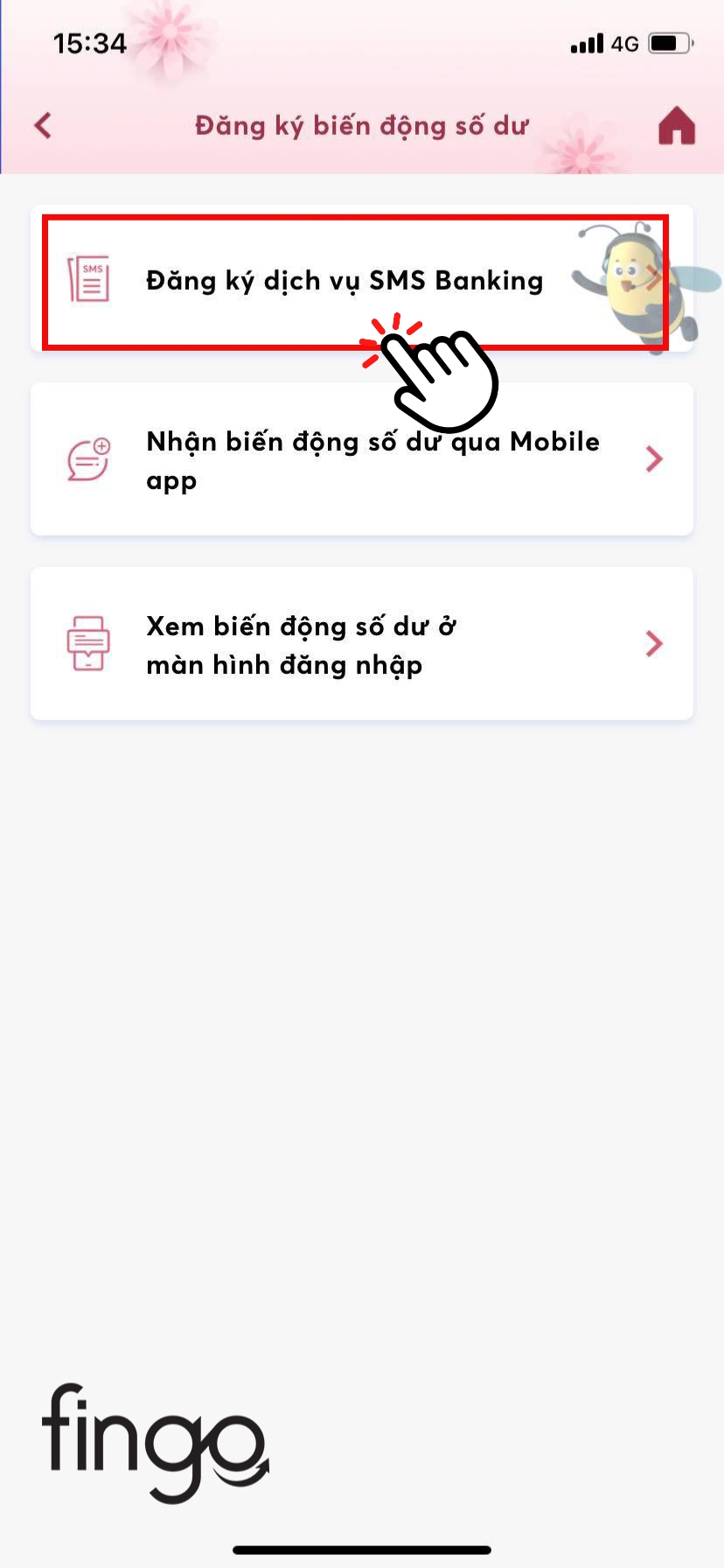 Chọn vào "Đăng ký dịch vụ SMS Banking"